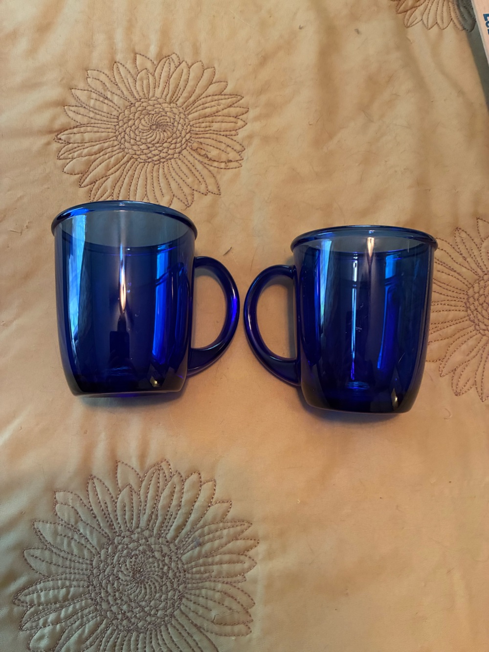 Set of 2 Cobalt Blue Vintage Glass Coffee Mugs with Handles